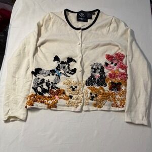 RARE Michael Simon Event Womens Cream Dog Applique Knit Cardigan Sweater Size S